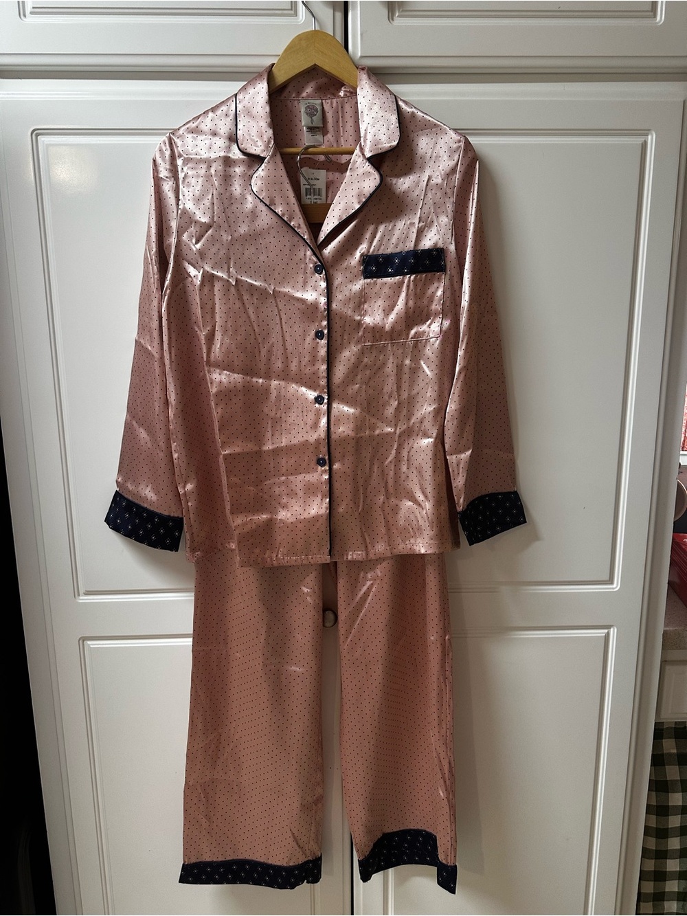 In Bloom Blush Pink Satin Pajama Set with Navy Trim NWT